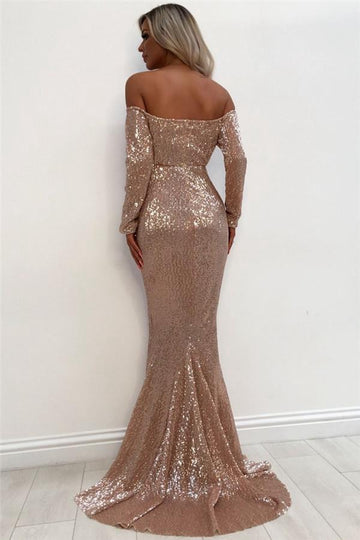 Pink Off-the-Shoulder Sequins Long Sleeve Mermaid Evening Gown JTE488