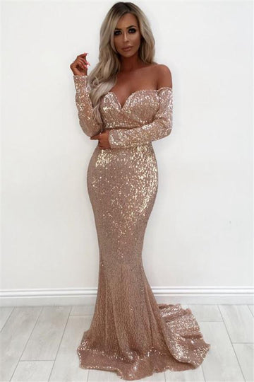 Pink Off-the-Shoulder Sequins Long Sleeve Mermaid Evening Gown JTE488