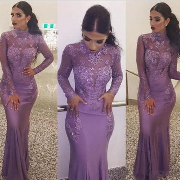 Purple High Neck Long Sleeve Appliques Mermaid Evening Gown JTE494