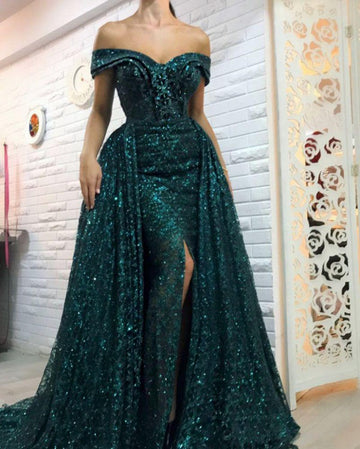 Dark Green Off-the-Shoulder Sparkle Sequin Overskirt Evening Gown JTE497