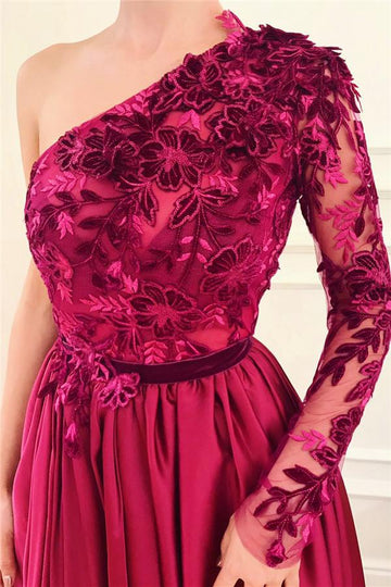 One Shoulder Front Slit Burgundy Prom One Sleeve Prom Gown JTE515