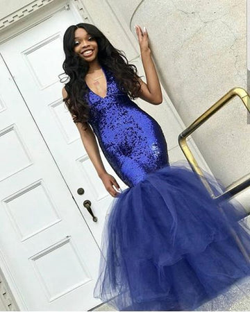 Trendy Navy Blue Sequins V-Neck Mermaid Evening Gown JTE526