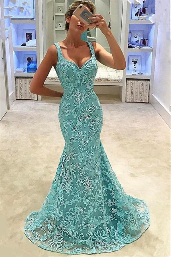 Trendy Dark Turquoise Mermaid Straps Lace Prom Gowns JTE536