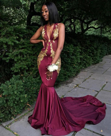 Trendy Burgundy V-Neck Gold Lace Mermaid Evening Gowns JTE541