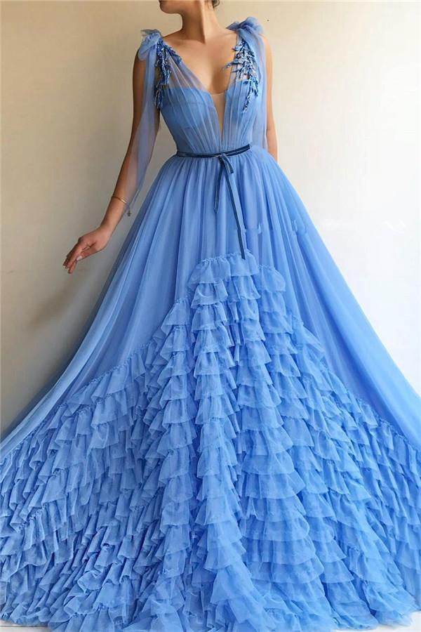 Trendy Blue Deep V-neck Layers Prom Gowns JTE544