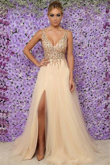 Trendy Champagne A-line V-Neck Tulle Crystals Side Slit Prom Gowns JTE545