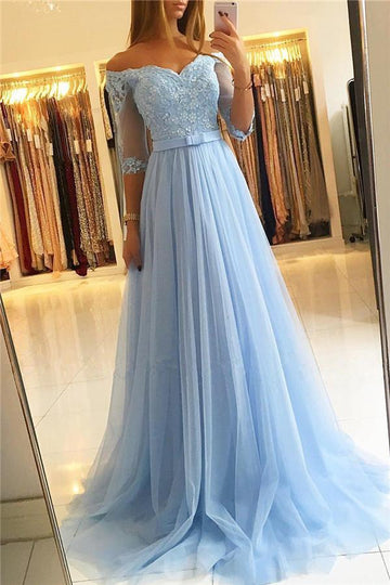 Junior Sky Blue Off-the-Shoulder Half Sleeve Lace Appliques Prom Gowns JTE548