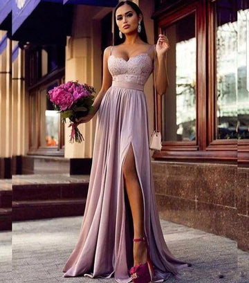 A-line Pink Straps Lace Slit Formal Evening Gown JTE551