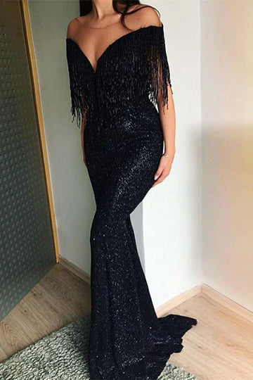 Trendy Black Sequins Tassels Mermaid Evening Gown JTE554