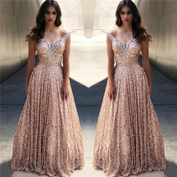 Trendy A-line Rose Gold Sequins Off-the-Shoulder Bling-bling Prom Gown JTE555