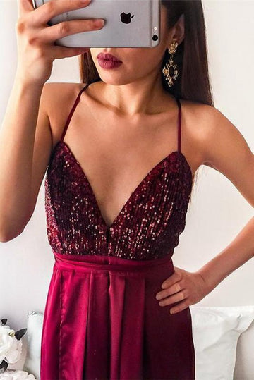 Burgundy V-neck Straps Sequins Top Side Slit Prom Gown JTE568