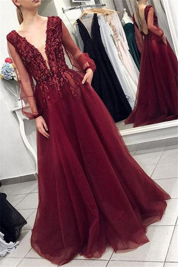 Burgundy V-Neck Long Sleeve Lace Applique Tulle Evening Gown JTE574