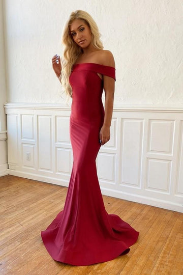 Trendy Off-the-shoulder Burgundy Satin Mermaid Evening Gown JTE582