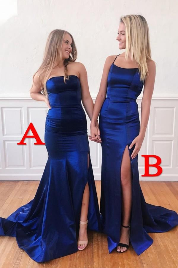 Trendy Royal Blue Satin Straps High Split Mermaid Evening Gown JTE584