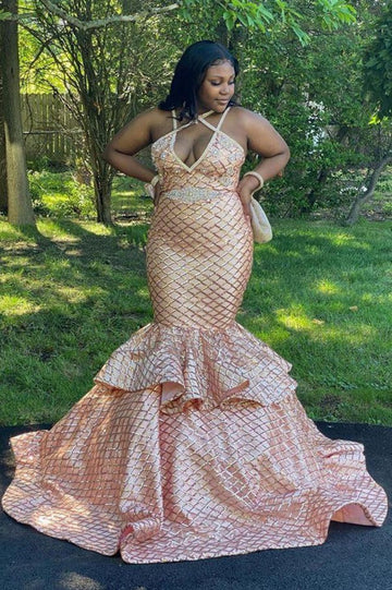 Trendy Plus Size Halter Pink Mermaid Prom Mermaid Prom Gown JTE593