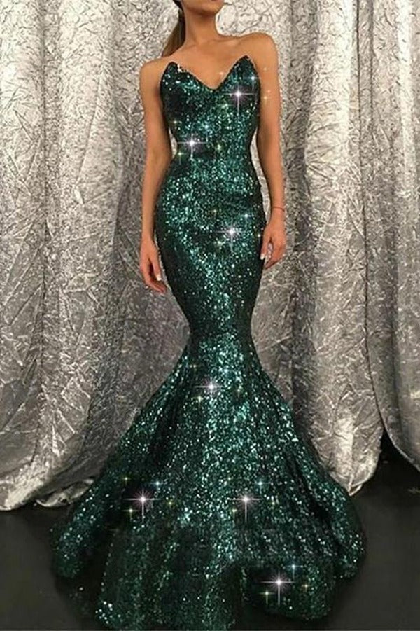 Trendy Sweetheart Dark Green Sequins Mermaid Evening Gown JTE597