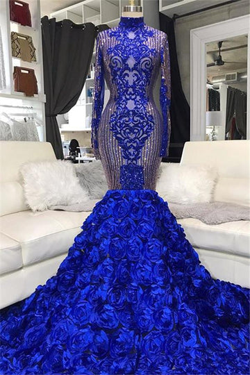 Sparkle Sequins Blue Appliques High Neck Long Sleeve Mermaid Evening Gown JTE607