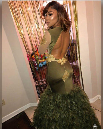 Plus Size Long Sleeves Feather Illusion Dusty Green Mermaid Evening Gown JTE610