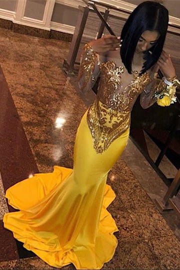 Trendy Yellow Applique Satin Off Shoulder Long Sleeve Mermaid Evening Gown JTE614
