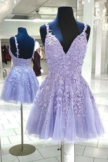 Trendy Lilac Short V Neck Junior Lace Prom Dress JTRE013