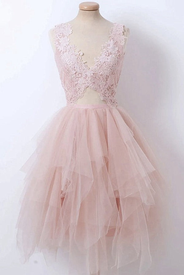 Trendy V Neck Pink Junior Short Prom Dress JTRE033