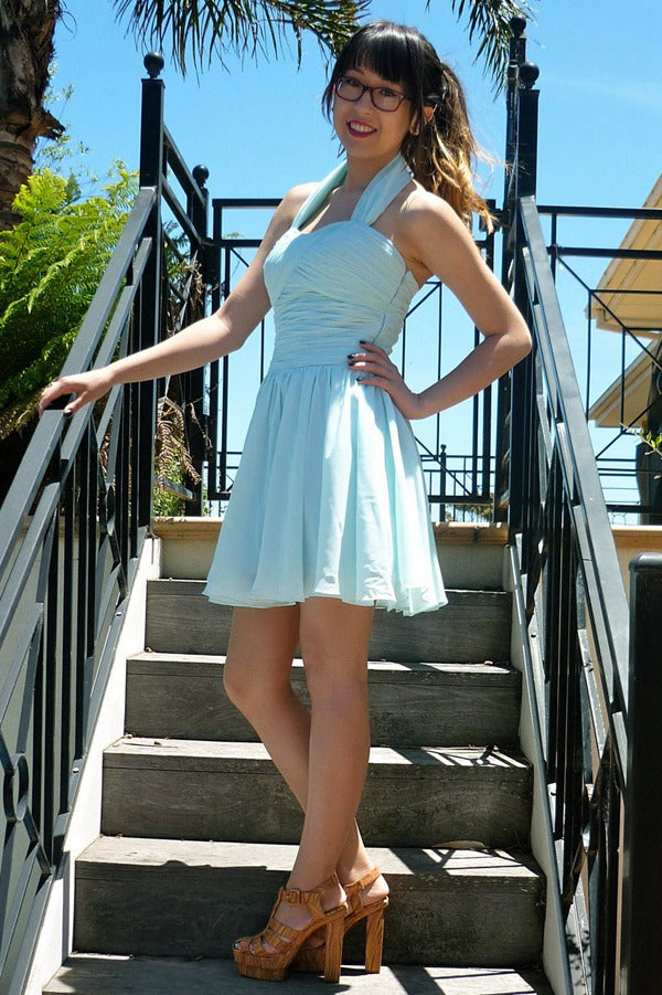 Trendy Light Blue Halter Juniors Short Prom Dress JTSH017