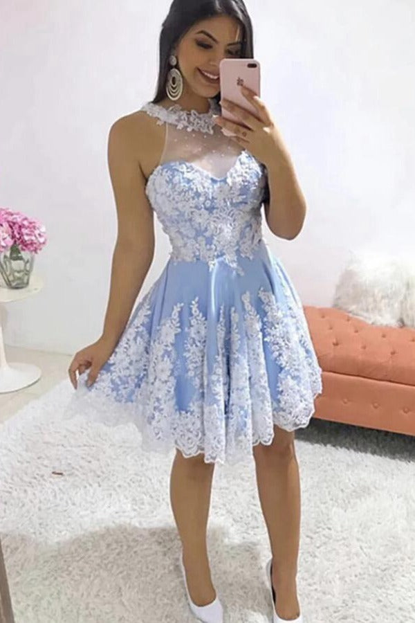 Trendy Light Blue Halter Lace Junior Short Prom Dress JTSH021