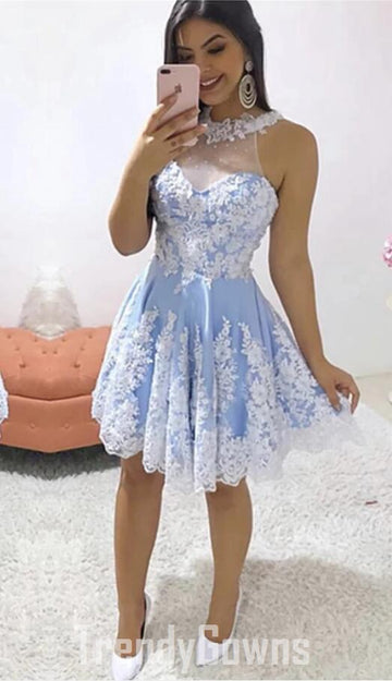 Trendy Light Blue Halter Lace Junior Short Prom Dress JTSH021