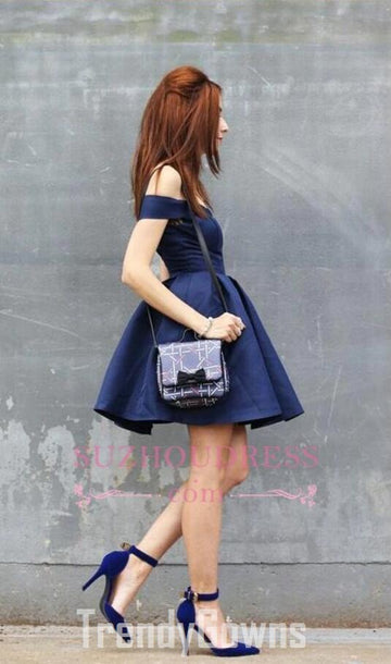 Trendy Navy Blue Off the Shoulder Teen Short Prom Dress JTSH022