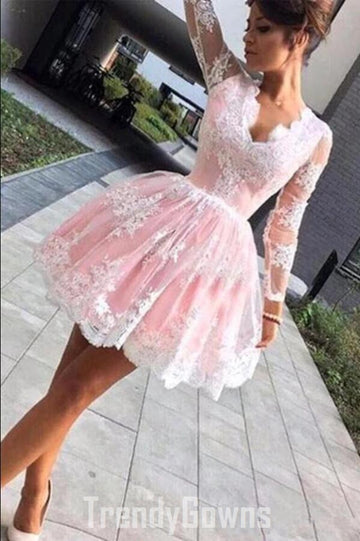 Trendy Pink Long Sleeve Junior Short Prom Dress JTSH023