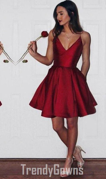 Trendy Burgundy Sexy V Neck Junior Short Prom Dress JTSH024