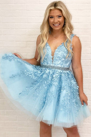 Trendy Blue V Neck Lace Junior Short Prom Dress JTSH026