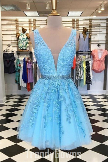 Trendy Blue V Neck Lace Junior Short Prom Dress JTSH026