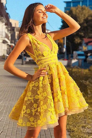 Yellow V Neck Junior Short Prom Dress JTSH049