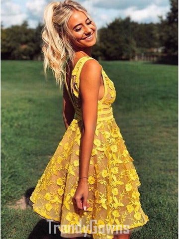 Yellow V Neck Junior Short Prom Dress JTSH049