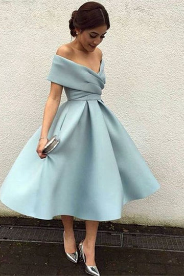 Light Blue Off the Shoulder Tea Length Prom Dress JTSH060