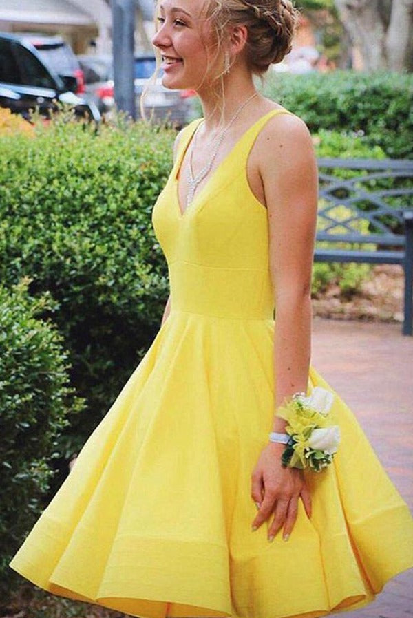 Trendy Yellow V Neck Junior Short Prom Dress JTSH063