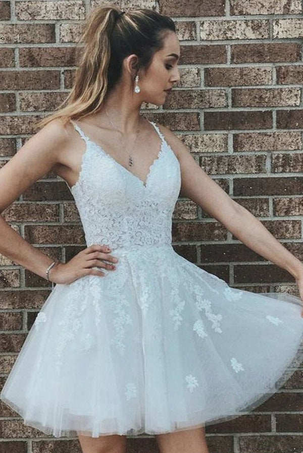 Trendy Lace V Neck Juniors Short White Prom Dress JTSH067