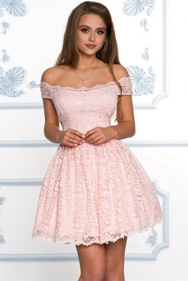 Juniors Off the Shoulder Short Pink Lace Prom Dress JTSH078