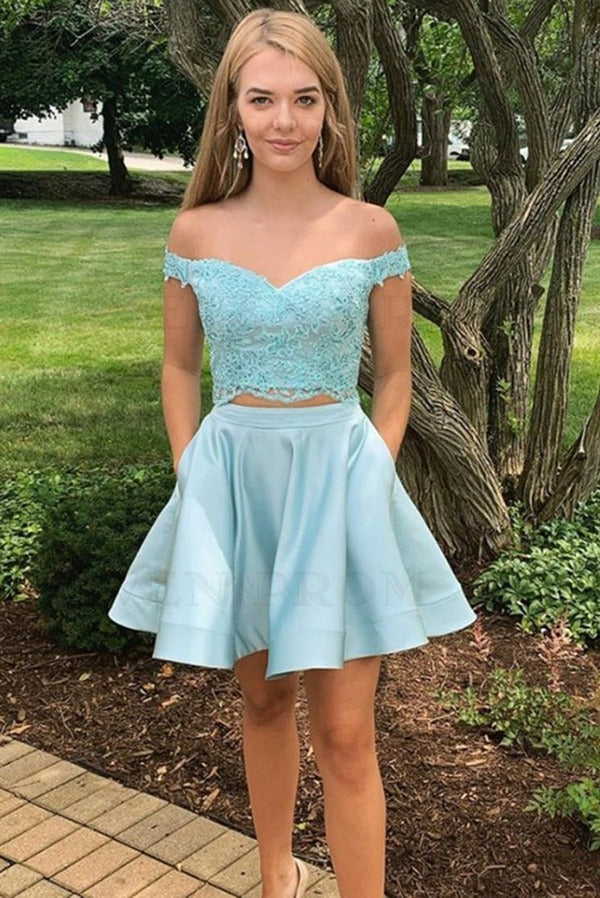 Trendy Off the Shoulder Short 2 Piece Lace Junior Prom Dress JTSH094