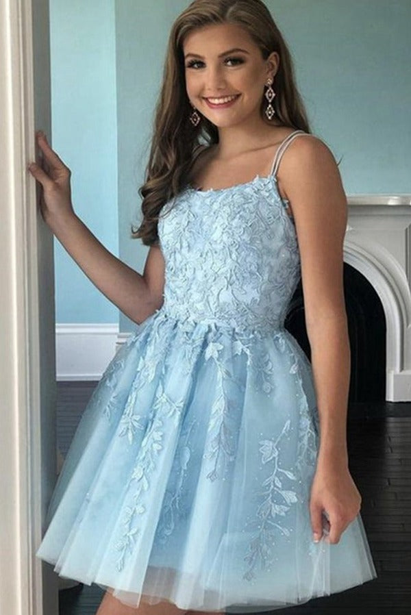 Trendy Short Blue Lace Junior Prom Dress JTSH097