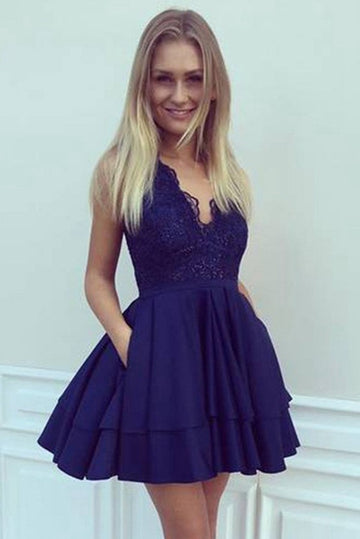 Trendy V Neck Blue Junior Lace Short Prom Dress JTSH123