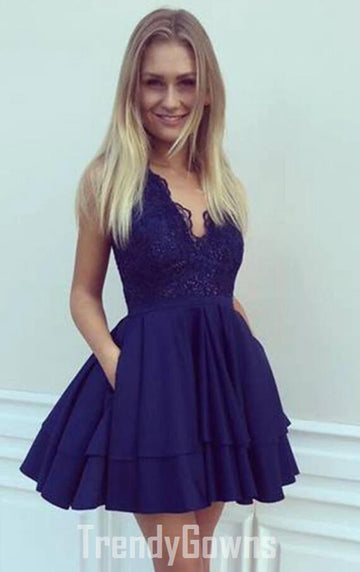 Trendy V Neck Blue Junior Lace Short Prom Dress JTSH123