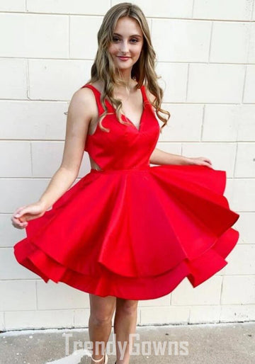 Trendy V Neck Red Junior Satin Short Prom Dress JTSH124