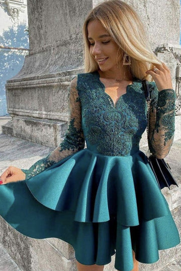 Trendy Ink Blue V Neck Juniors Lace Short Prom Dress JTSH133