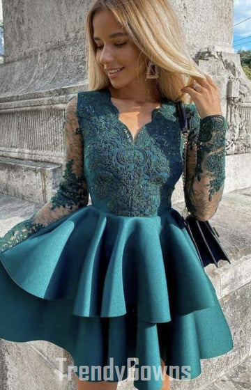 Trendy Ink Blue V Neck Juniors Lace Short Prom Dress JTSH133