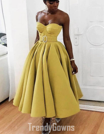 Trendy Sweetheart Tea Length Yellow Satin Short Prom Dress JTSH136