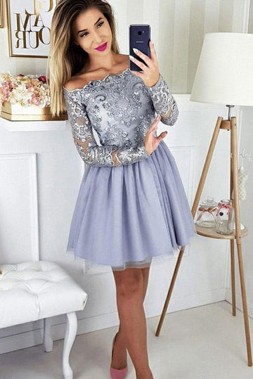 Trendy Long Sleeve Silver Lace Junior Short Prom Dress JTSH138