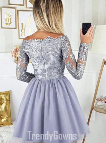 Trendy Long Sleeve Silver Lace Junior Short Prom Dress JTSH138