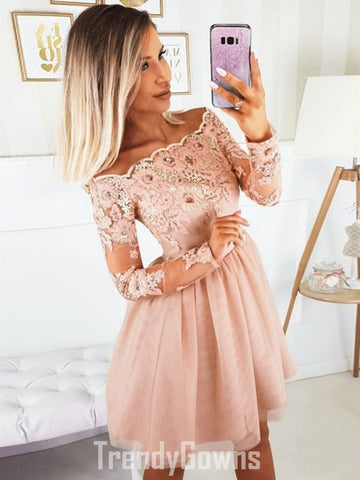 Trendy Long Sleeves Pink Junior Short Prom Dress JTSH139